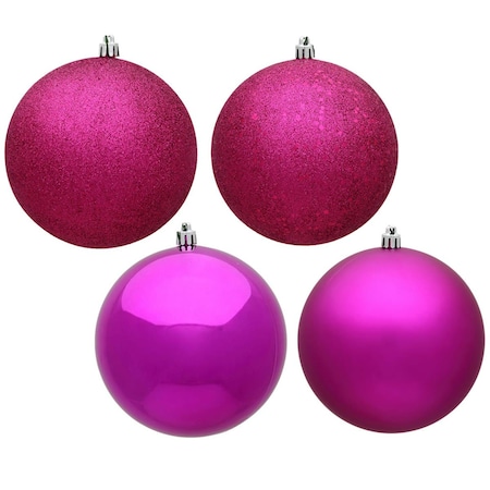 10 In. Fuchsia 4 Finish Assorted Color Christmas Ornament Ball, 4PK